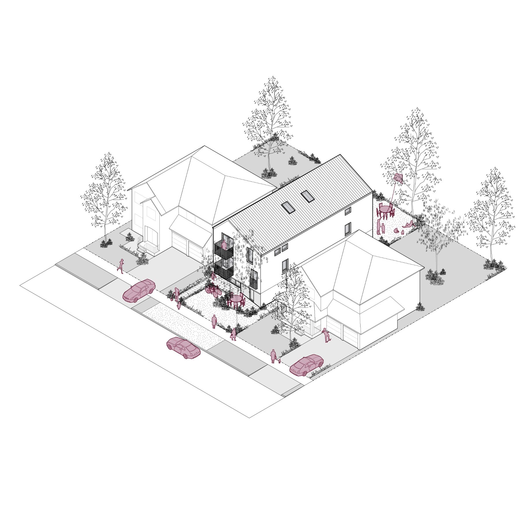 A 3D line rendering of the Ontario Sixplex, which is approximately 152.0 sq. m (1,636 sq. ft.). It shows the building's integration into a neighbourhood, highlighting its three storey layout.